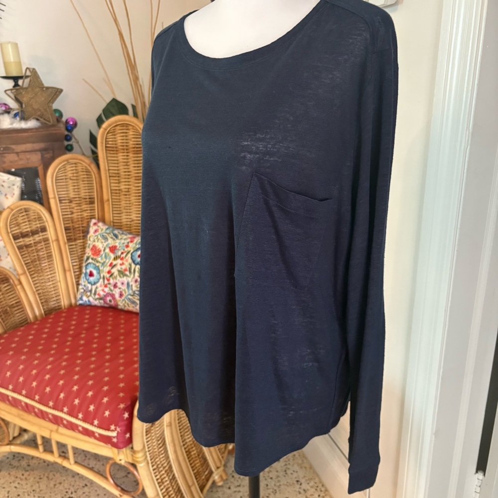 POETRY Navy Blue Linen Knit Long Sleeve Pullover Top! Buttons down back! 14